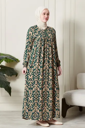 Платье для мамы из вискозы с оборками, пуговицами спереди, для скромной одежды, для молитвы - этнический изумрудный узор - 3