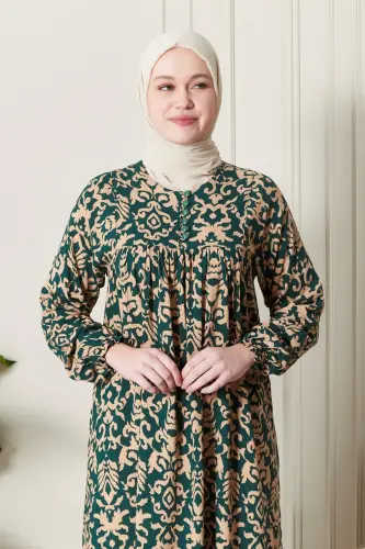 Платье для мамы из вискозы с оборками, пуговицами спереди, для скромной одежды, для молитвы - этнический изумрудный узор - 6