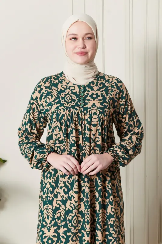 Платье для мамы из вискозы с оборками, пуговицами спереди, для скромной одежды, для молитвы - этнический изумрудный узор - 6