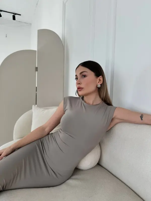 Платье длинное без рукавов лайкра - серый - 2