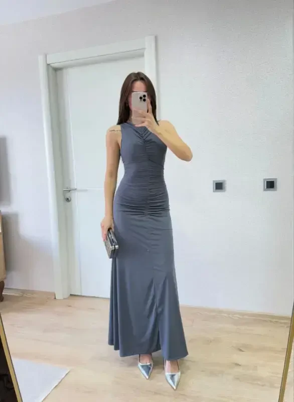 Платье длинное с кулиской без рукавов - Дымчатый - 3