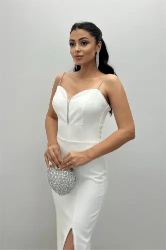 Платье-футляр из атласной ткани с пайетками и бретельками - БЕЛОЕ - 4