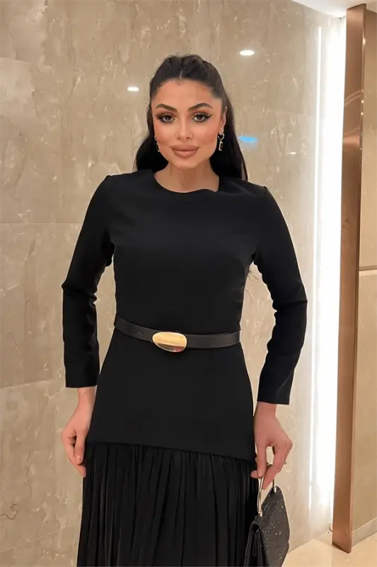 Платье из атласа сверху и шифона снизу - ЧЁРНОЕ - 4