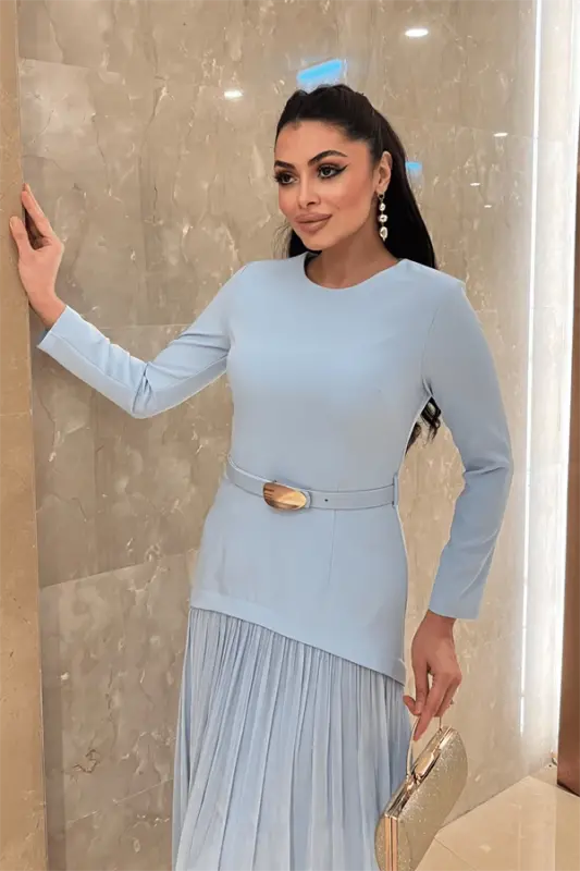 Платье из атласа сверху и шифона снизу - ДЕТСКИЙ ГОЛУБОЙ - 4