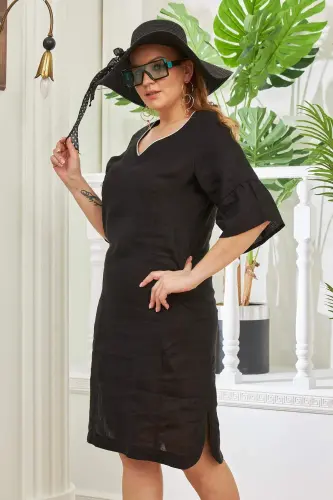 Платье из черного льна большого размера с разрезом на спине со шнуровкой - 3