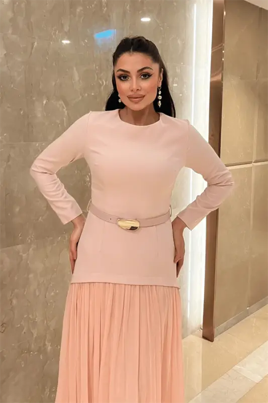 Платье из верхнего атласа и нижней шифоновой ткани - РОЗОВОЕ - 4