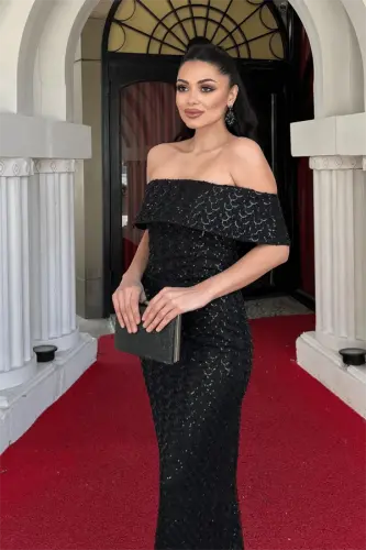 Платье-карандаш без бретелек из тюля с бусинами - ЧЕРНЫЙ - 4