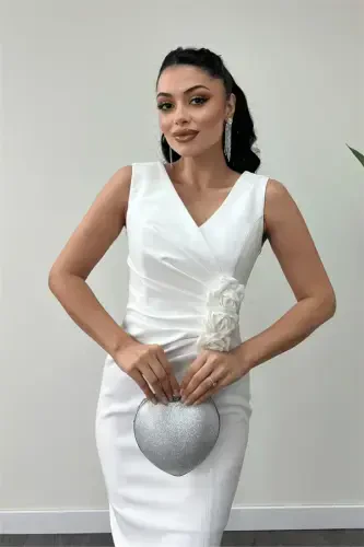 Платье-карандаш из атласной ткани с розовыми деталями - БЕЛЫЙ - 5