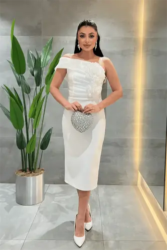 Платье-карандаш из ткани органза с двойным цветочным декором - БЕЛЫЙ - 1