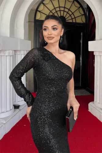 Платье-карандаш на одно плечо из ткани с пайетками - ЧЕРНЫЙ - 3