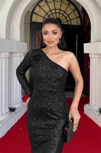 Платье-карандаш на одно плечо из ткани с пайетками - ЧЕРНЫЙ - 4