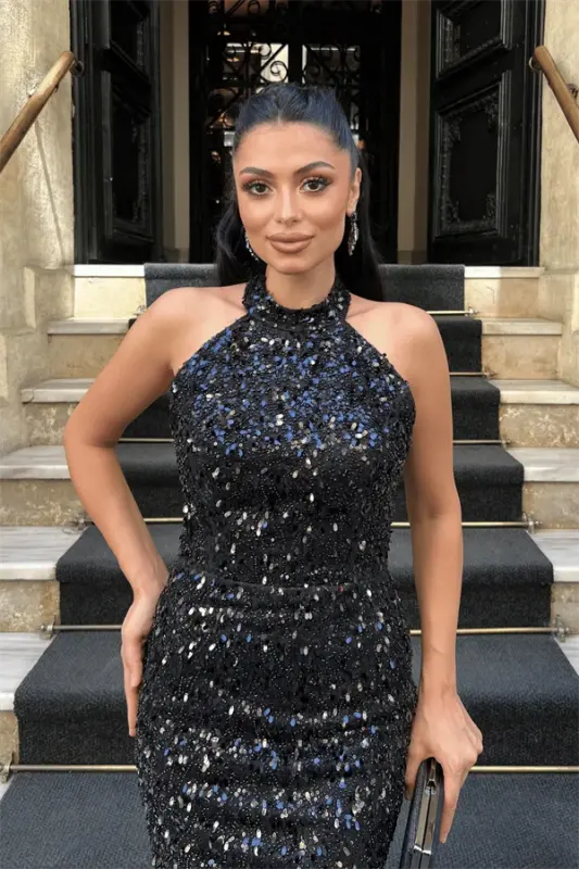 Платье-карандаш с бусинами и завязками на шее - ЧЕРНЫЙ - 3