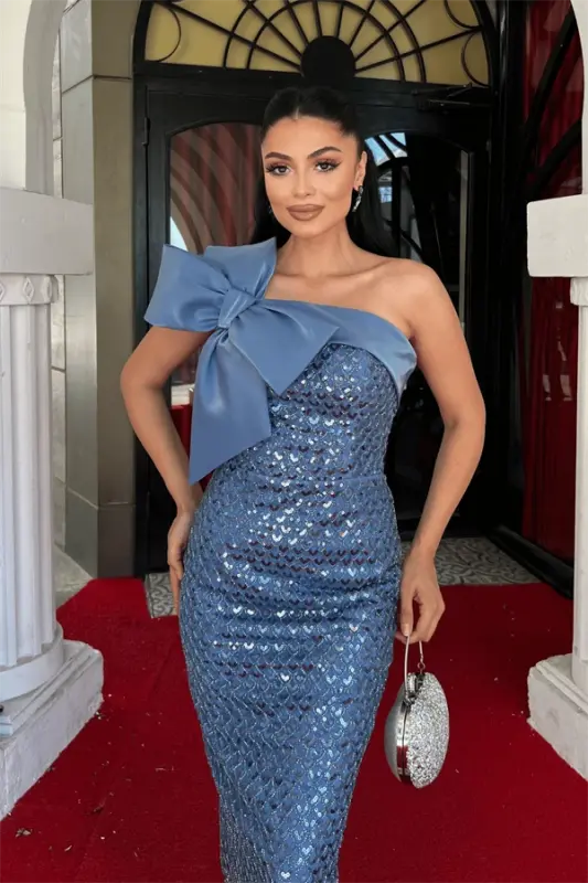 Платье-карандаш с бусинами, тканевым бантом и деталями - ИНДИГО СИНИЙ - 3