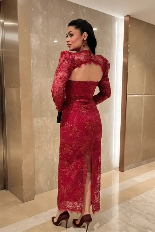 Платье-карандаш с пайетками, кружевом и открытой спиной — КРАСНОЕ - 5