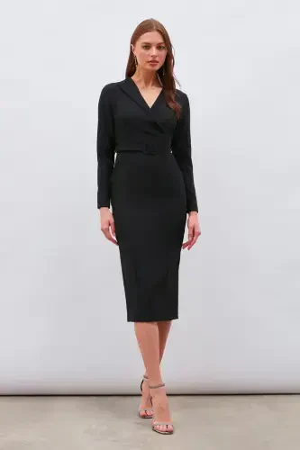 Платье-карандаш с поясом - Черный - 3