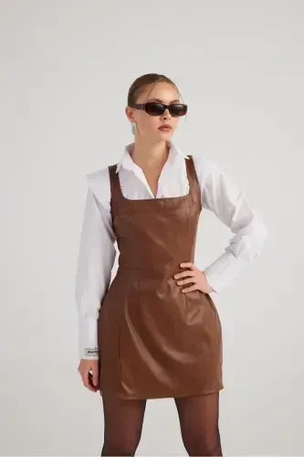 Платье Larissa из веганской кожи с квадратным вырезом, кофейное-кофейное - 3