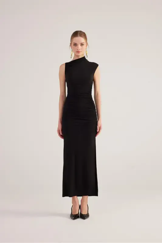 Платье Lily длинное черное с разрезом и сборками - 6