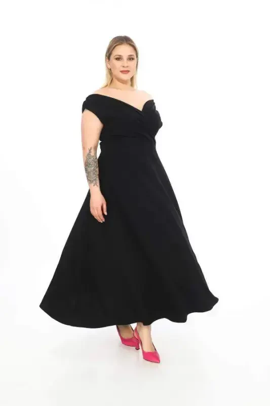 Платье-макси черное с воротником кармен, большого размера, эластичное, с лайкрой GLS07. - 2