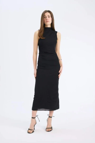 Платье-макси облегающее силуэта Bodycon с высоким воротом, сплошное простое из тюля, без рукавов, черного цвета - DEFACTO (1)