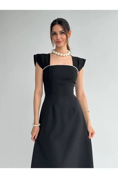 Платье миди черное выпускное вечернее с жемчугом-s - MAFDRESS