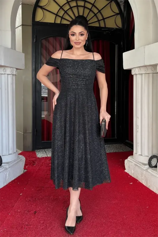 Платье миди из ткани с блестящим тюлем - СЕРЕБРО - 1