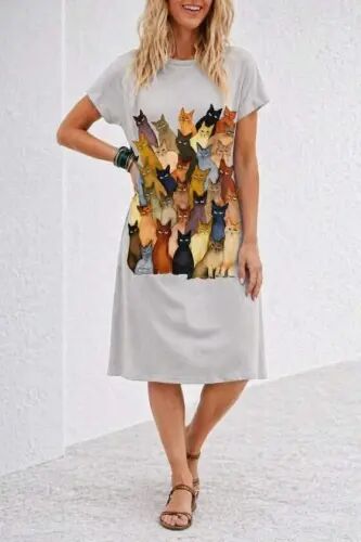 Платье миди из вискозы с короткими рукавами, круглым вырезом и принтом кошек - BÜYÜKBEDENIZ (1)