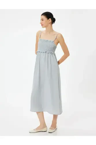 Платье миди на тонких бретелях с оборками, гипюровой и бисерной отделкой-серое - 1