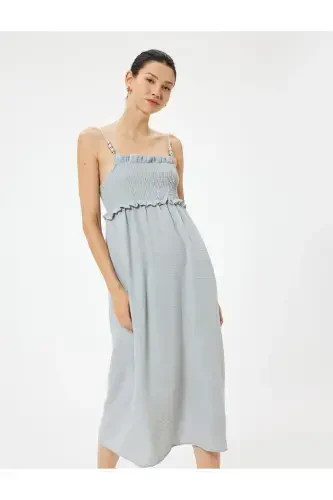 Платье миди на тонких бретелях с оборками, гипюровой и бисерной отделкой-серое - 2