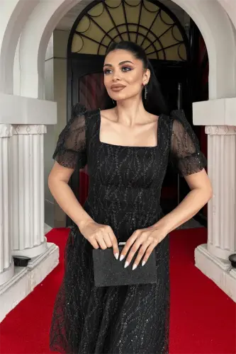 Платье мини с квадратным вырезом из ткани с блестками - ЧЕРНЫЙ - 4