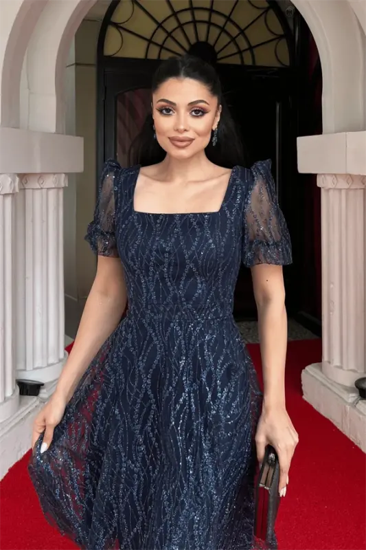 Платье мини с квадратным вырезом из ткани с блестками и пайетками - ТЕМНО-СИНИЙ - 4