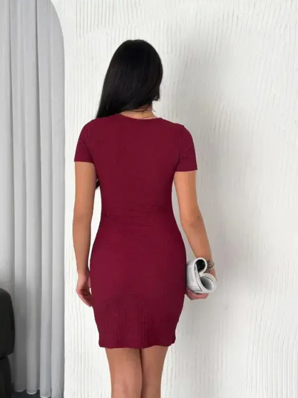 Платье облегающее с коротким рукавом и круглым вырезом - Бордовый - 3