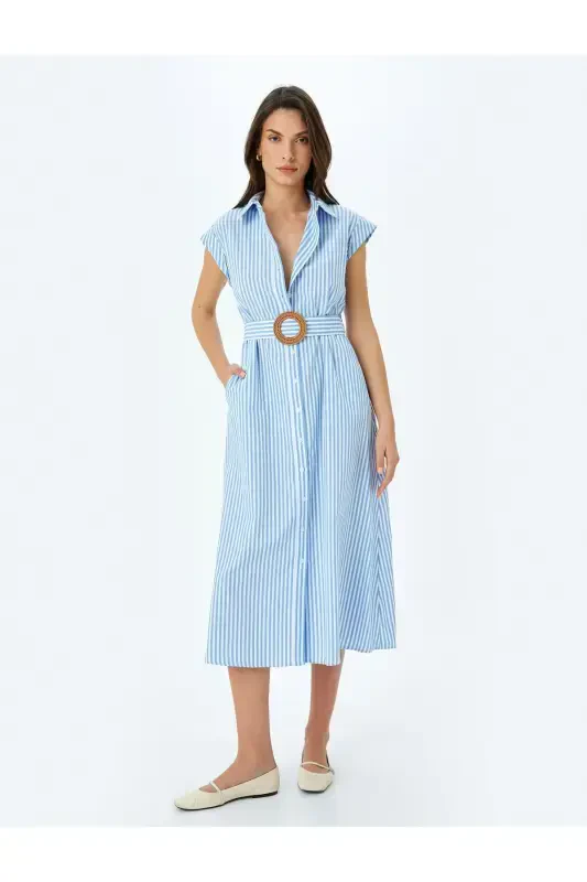 Платье-рубашка длинное без рукавов в полоску с карманами без подкладки с поясом - 3