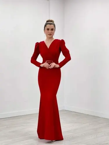 Платье-русалка из крепа с запахом на воротнике - КРАСНЫЙ - BÜYÜKBEDENIZ (1)