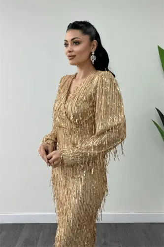 Платье с бахромой, пайетками и золотистыми пуговицами - GOLD - 4