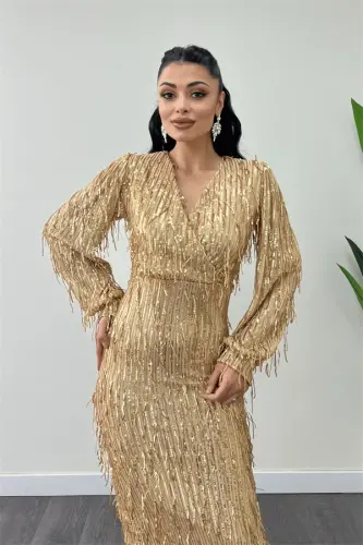 Платье с бахромой, пайетками и золотистыми пуговицами - GOLD - 5