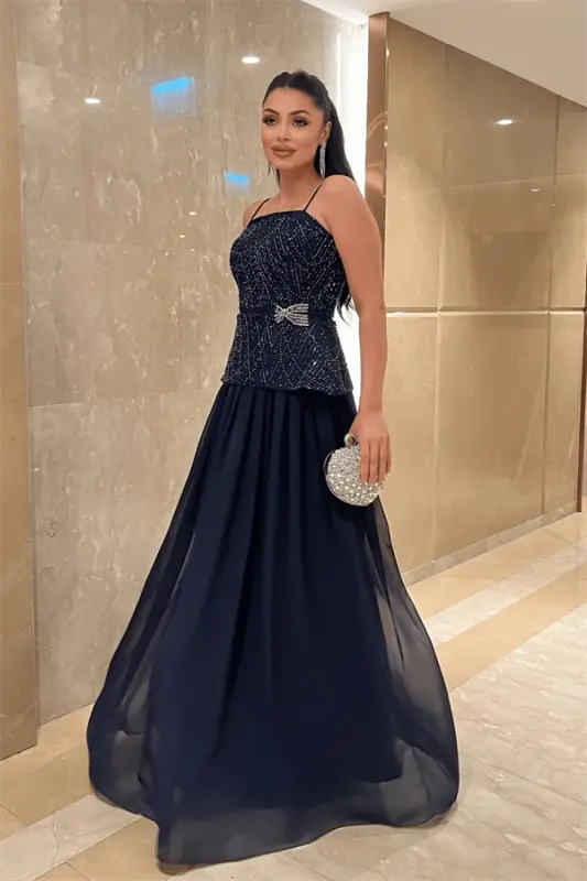 Платье с дизайном из шифона с бусинами сверху - ТЕМНО-СИНИЙ - 2