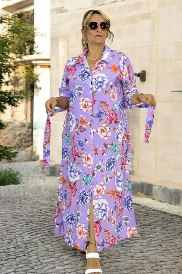 Платье с длинным рукавом, поясом, карманами, пуговицами спереди, из хлопка и вискозы, размер XL - 3