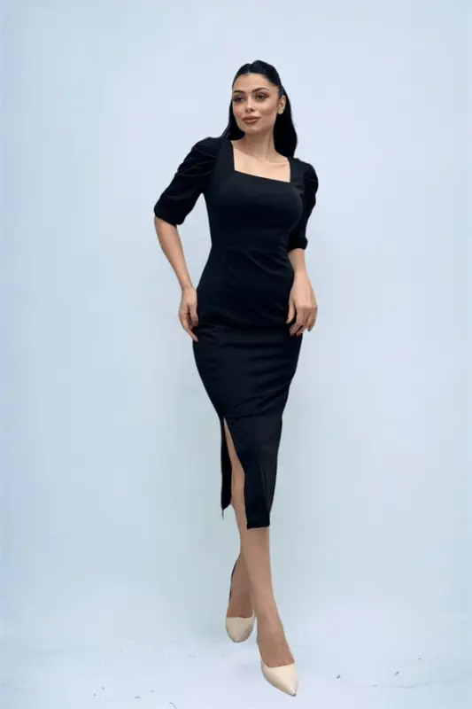 Платье с квадратным вырезом и разрезом из вязаного крепа - ЧЕРНЫЙ - 4