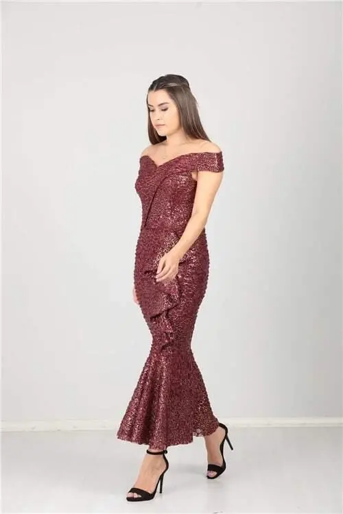 Платье с пайетками, круглый вырез, оборками и воланами - Бордовый - 3