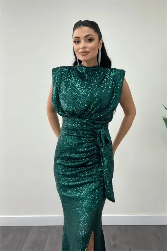 Платье с пайетками, сборками и деталями - ИЗУМРУДНО-ЗЕЛЕНЫЙ - BÜYÜKBEDENIZ (1)