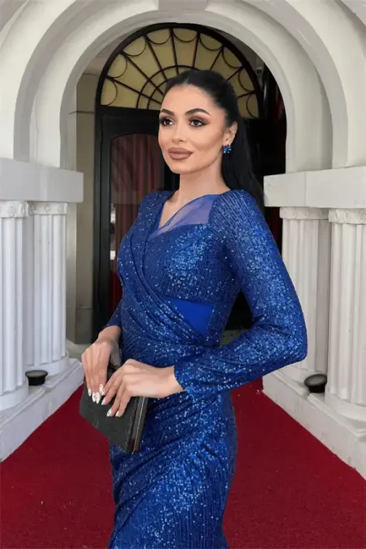 Платье с пайетками, сборками - СИНИЙ - 3