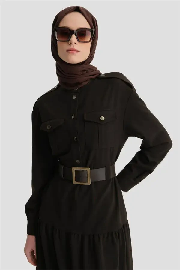 Платье с поясом 24k9909 Коричневый - 4