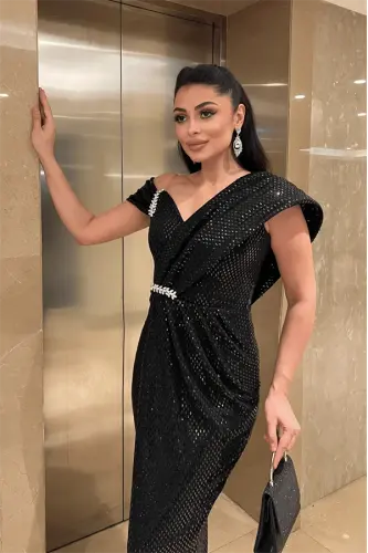 Платье с узором из ткани с блестками - ЧЕРНЫЙ - 4