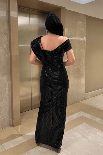 Платье с узором из ткани с блестками - ЧЕРНЫЙ - 5