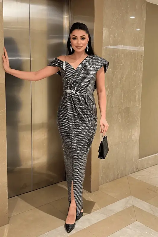 Платье с узором из ткани с пайетками - СЕРЕБРО - 1