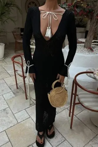 Платье с V-образным вырезом и ажурной отделкой с кисточками на шнуровке 2850 - 3