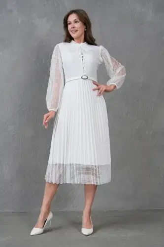 Платье вечернее кружевное белое с длинными рукавами, плиссированной деталью и поясом, модель 57834-БЕЛЫЙ - 6