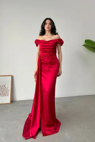 Платье вечернее с драпировкой и открытыми плечами - Красное - SERICA MODA (1)