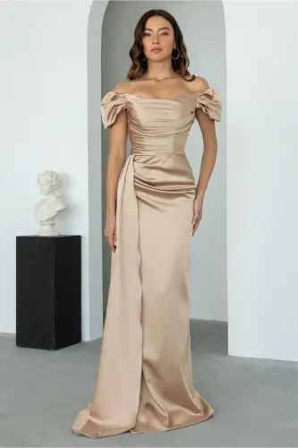 Платье вечернее с драпировкой на спущенных плечах-золотое - SERICA MODA (1)