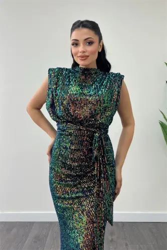 Платье вечернее с пайетками, сборками - БРОНЗОВЫЙ - 4